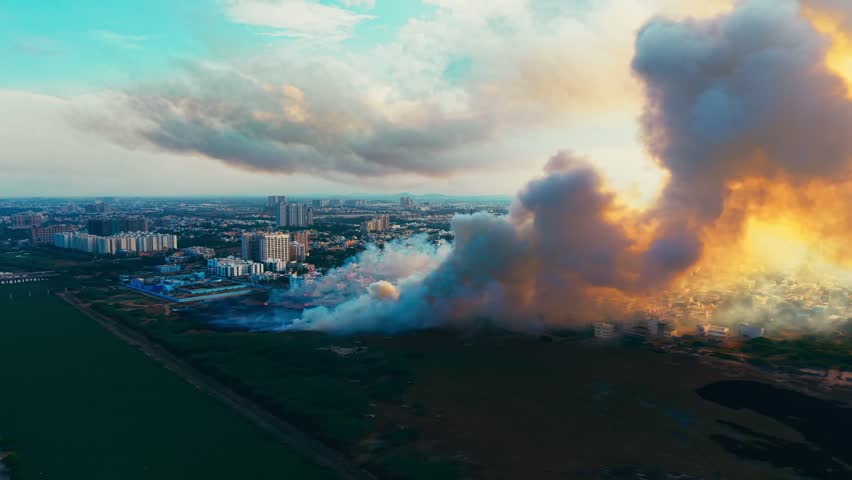 Aerial view of thick smoke billowing from an industrial fire at dusk over wetland
