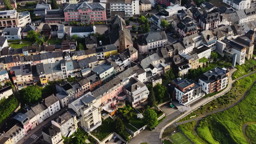 Aerial panoramic view above the city Wiltz beside the old town on a sunny spring morning in Luxembourg.