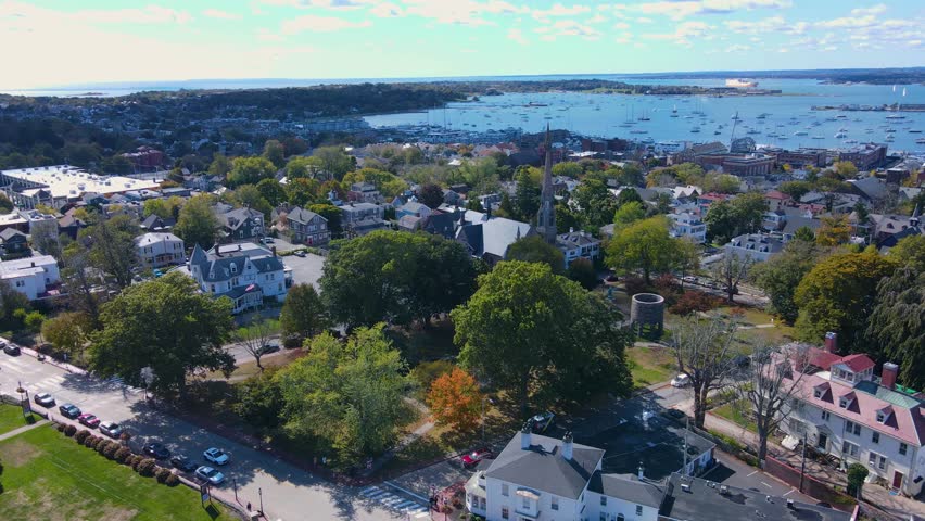 Touro Park aerial view including Windmill Tower with Newport Harbor at the background, city center of Newport, Rhode Island RI, USA. 