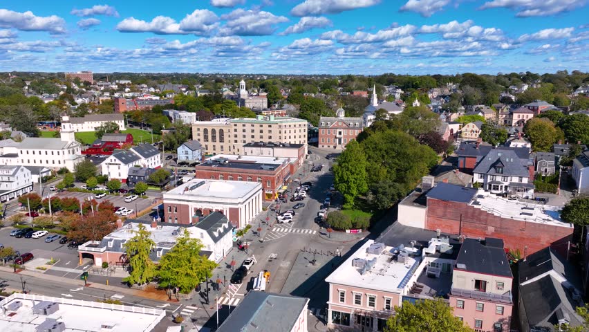 Historic commercial buildings aerial view on Washington Square in historic downtown Newport, Rhode Island RI, USA. 