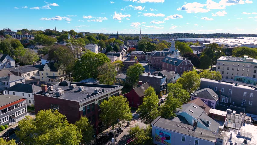 Historic commercial buildings aerial view on Washington Square in historic downtown Newport, Rhode Island RI, USA. 