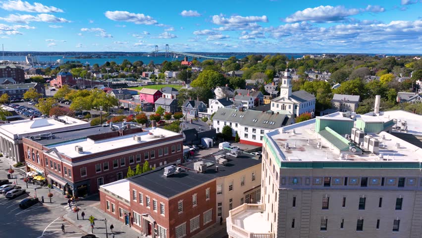 Historic commercial buildings aerial view on Washington Square in historic downtown Newport, Rhode Island RI, USA. 
