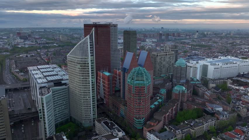 Den Haag, Holland. Business center of The Hague, Netherlands. Cloudy Morning in Summer day, Aerial Drone View.