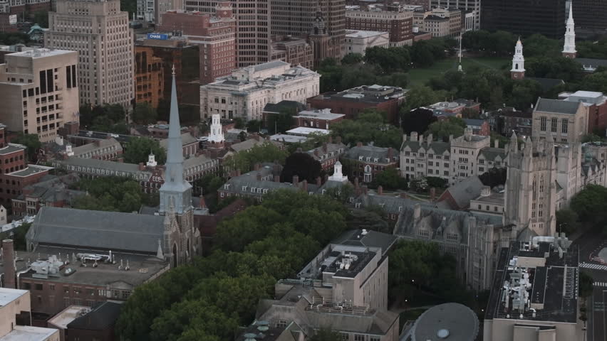 Aerial view of New Haven, Connecticut on a cloudy day. Shot on a summer day.