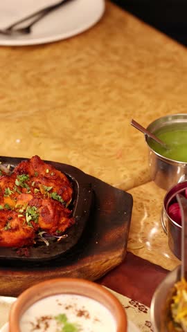 Hands squeeze lime over sizzling chicken tikka on iron plate with biryani and chutney.