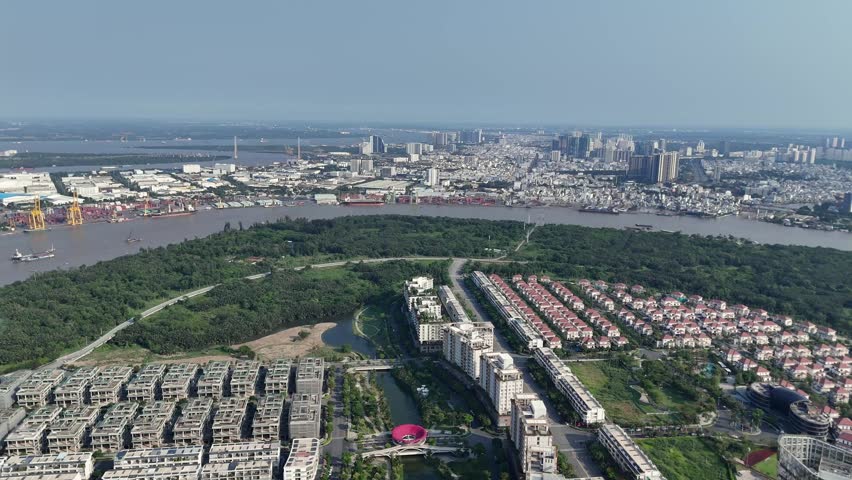 Aerial view of Saigon river port and Sala urban park in Ho Chi Minh city, Vietnam.