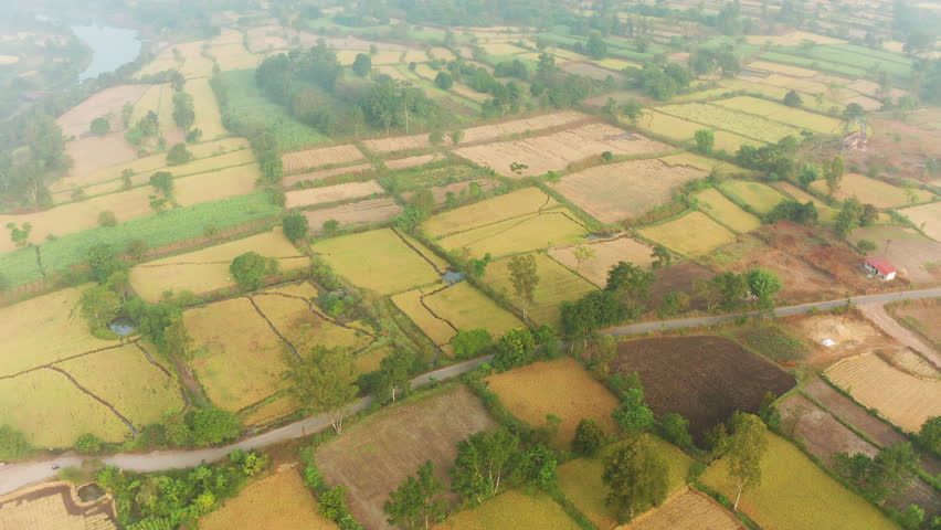 Aerial view of an Indian village amid farmlands, trees and a river on a foggy winter morning