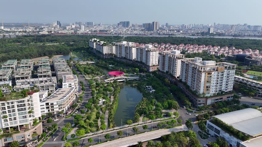 Aerial view of Sala Urban Park and Saigon river port, Ho Chi Minh city, Vietnam.