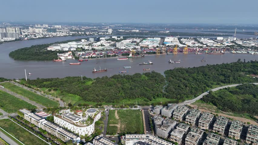 Aerial panoramic view of Saigon river port in Ho Chi Minh city, Vietnam.