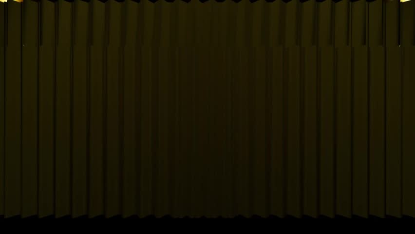 Theater stage with open gold curtains revealing a green screen background for chroma key compositing, 3D animation.