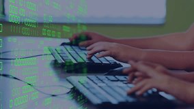Students starting typing on keyboards, clicking mouse on cue, practicing coding with binary overlay. Classroom, pupils, desktops, monitors, programming, learning, collaboration - Powered by Shutterstock - Get 15% off with code: PIKWIZARD15