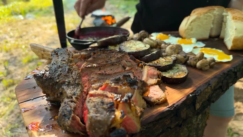 A rustic wooden board features a grilled tomahawk steak topped with tart cranberry sauce alongside fried eggs, roasted eggplant, and mushrooms in a serene riverside setting.