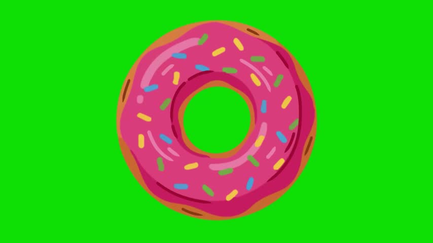 A pink frosted donut with colorful sprinkles sits on green background