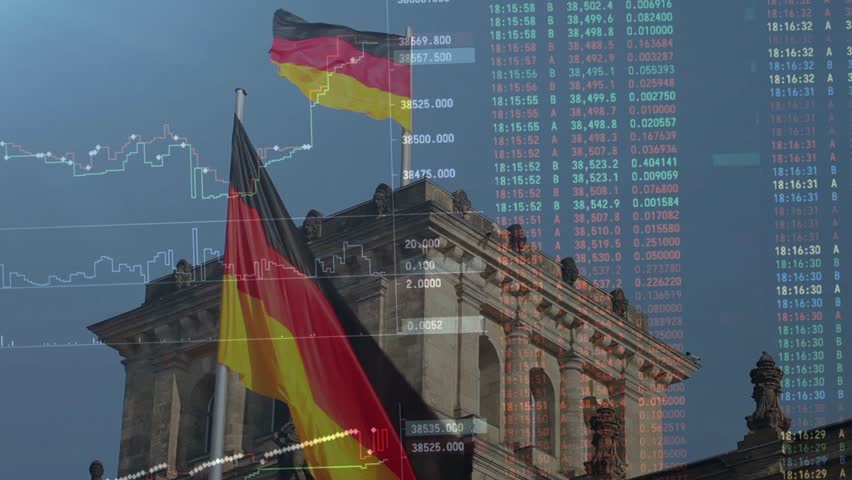 Germany Flag Overlay with Reichstag Building and Electronic Financial Board, Visualizing the German Economy, Stock Market Fluctuations, and European Trade Changes