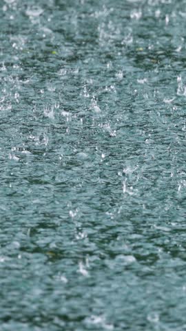 Rain drops splashing on water surface in vertical motion.