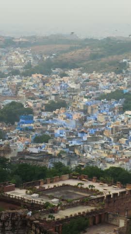 Panoramic view of the blue houses of Jodhpur, Rajasthan, India.