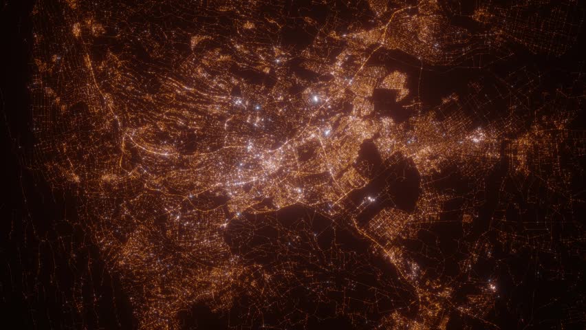 Nairobi (Kenya) aerial view at night. Top view on modern city with glow effect. Camera is zooming out, rotating counterclockwise
