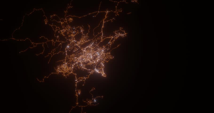 Port Moresby (Papua New Guinea) top view at night. Aerial view on modern city from space. Camera is flying above the city, moving forward. Vertical video. The north is on the left side