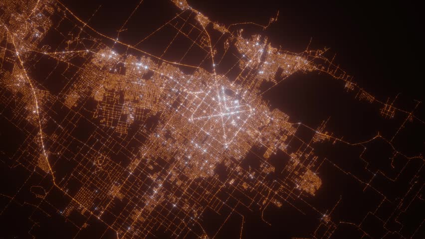 La Plata (Argentina) aerial view at night. Top view on modern city with glow effect. Camera is zooming out, rotating counterclockwise