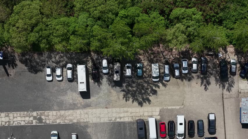 Aerial view of a public parking lot with various automobiles and a bus parked alongside a line of trees during daylight hours. Cinematic drone footage captures static vehicle storage.