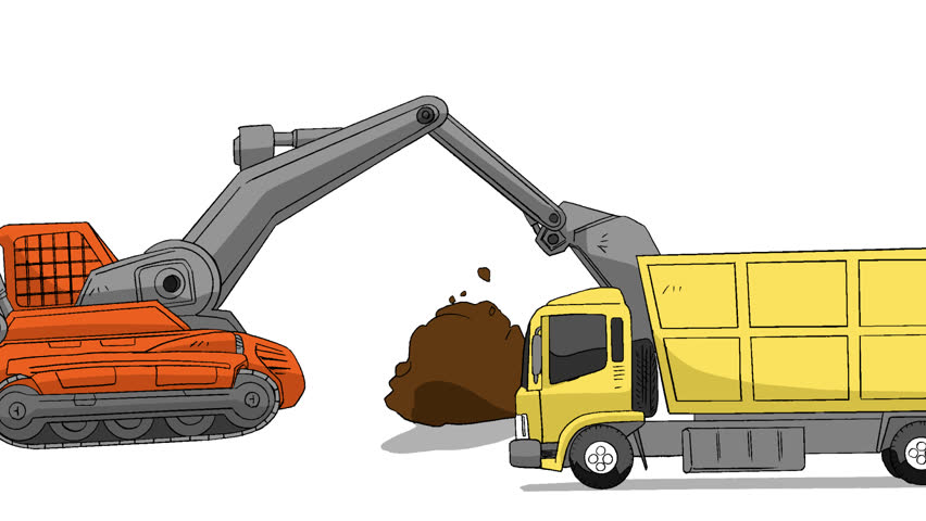An orange excavator loading dirt into a yellow dump truck
