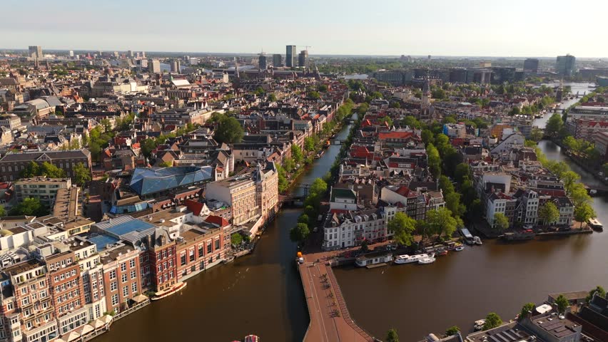 Amsterdam Aerial Orbit Revealing Panoramic View of Historic Canals and City Skyline