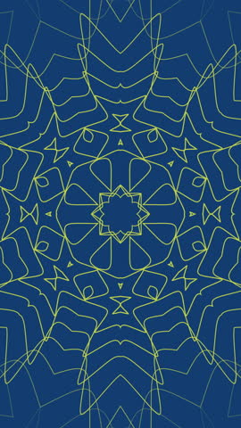  Vertical Symmetric yellow geometric line art pattern on blue background with circular floral mandala design. Suitable for textiles, wallpapers, and digital backgrounds.