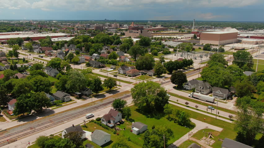 Panoramic view of Green Bay as storm clouds approach, Wisconsin, USA. Aerial backwards