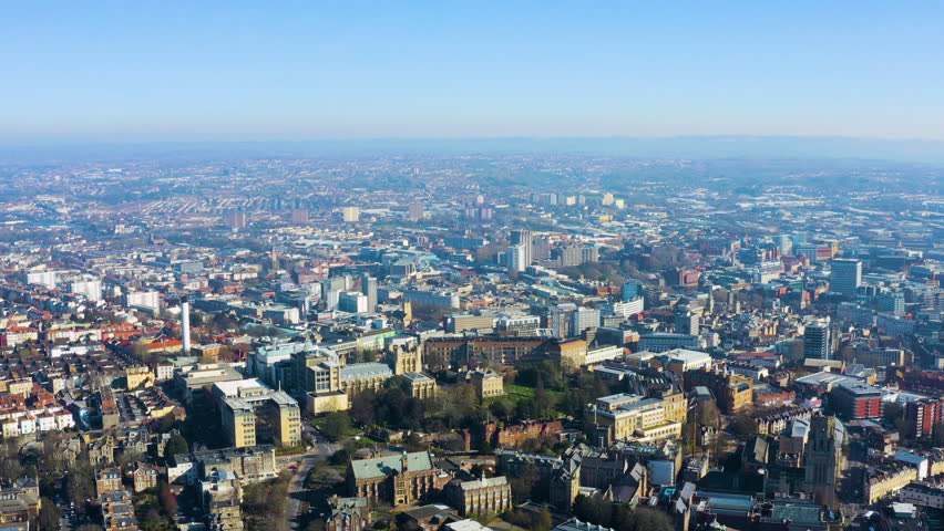 Aerial drone view of Bristol, England, showing University of Bristol campus, Wills Memorial Building, and the city