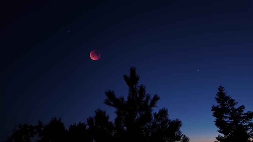 Lunar eclipse, stars and planets above landscape silhouettes.