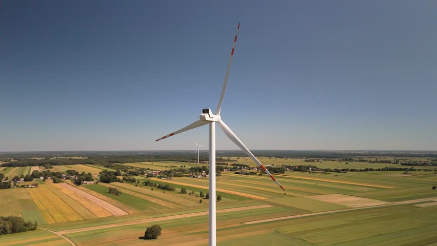Orbiting Wind Turbine, Aerial Drone Shot, Poland