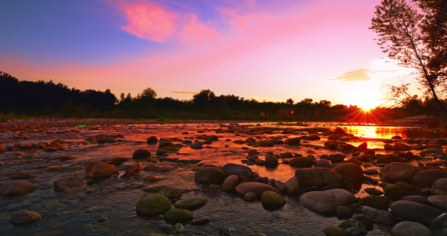 Fantastic pink sunset on the river