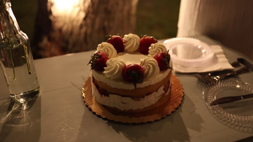 Homemade layered cream cake topped with strawberries on a table at a warm evening celebration, with plates and soft candlelight creating a cozy festive mood.