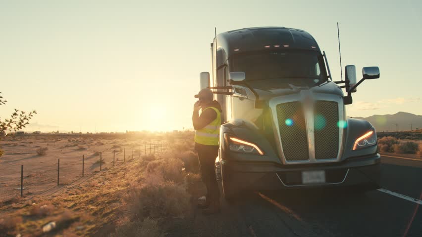 Frustrated truck driver calling for help on a desert highway at sunset