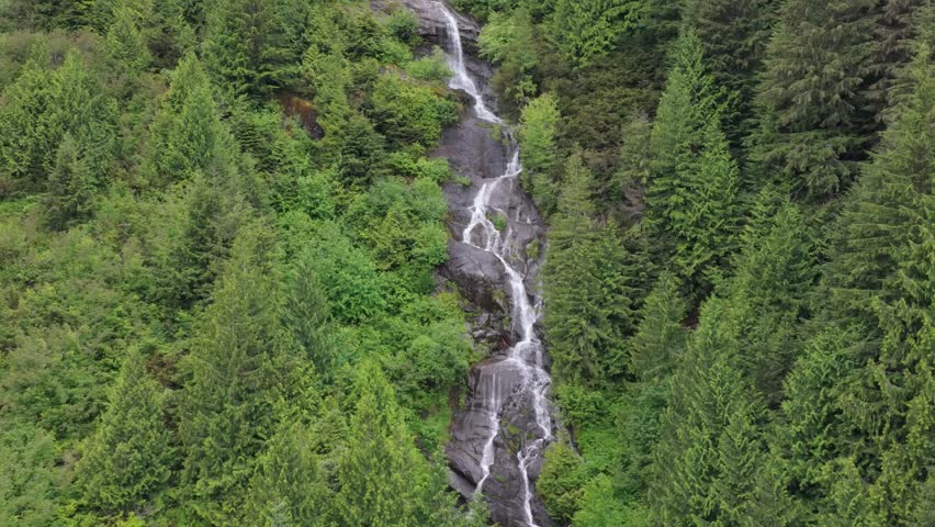 Cascading Waterfall Amidst Lush Green Forest in British Columbia, Canada