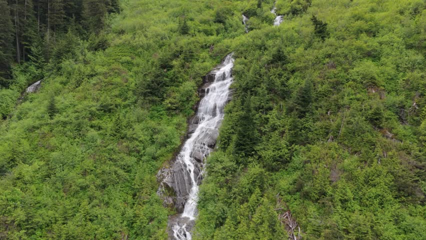 Majestic Waterfall Cascading Through Lush Green Forest in British Columbia, Canada