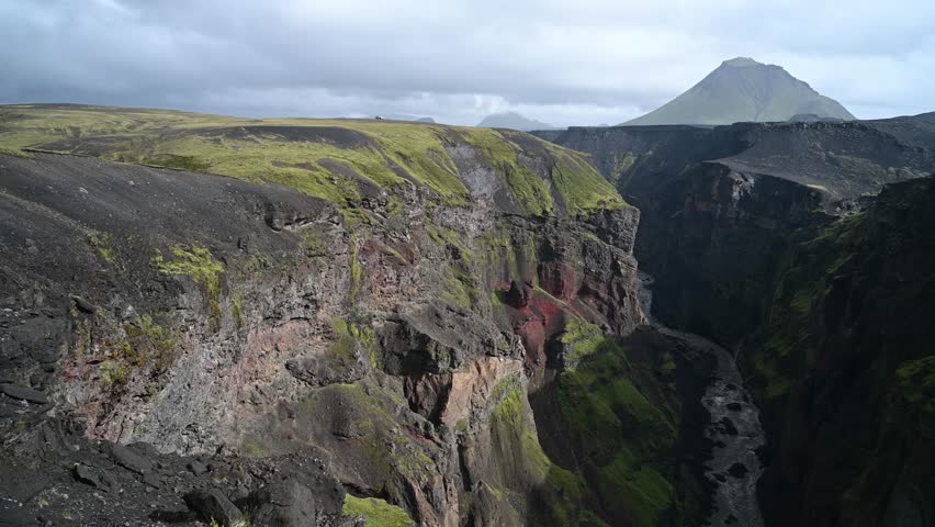 aerial Panoramic View of Markarfljotsgljufur Canyon with Volcanic Mountain in Iceland Highlands