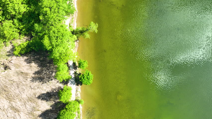 Birds eye perspective of Goldapiwo lake coastline with crystal clear water and lush green trees. Cinematic summer landscape in Masuria, Poland.