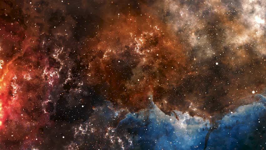 A dramatic cosmic nebula with fiery orange red and blue gas clouds and bright star formations