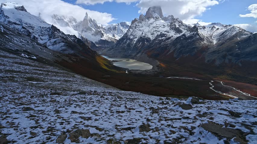aerial Panoramic View of Fitz Roy Massif and Cerro Torre with Autumn Lenga Forest, Patagonia Argentina