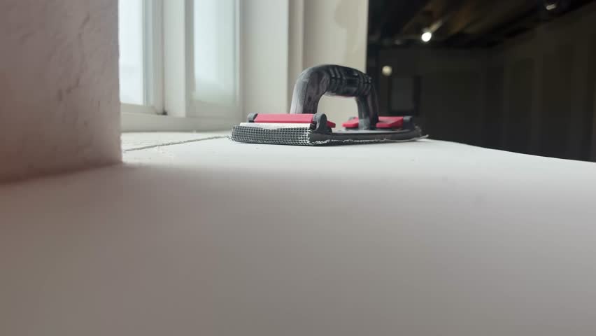 Close-up of a worker sanding drywall compound with a manual hand sander during an interior renovation project. The locked-off camera captures the sanding tool moving back and forth in circular motions across the wall surface, creating fine drywall dust while smoothing drywall mud for painting or finishing. Natural window light highlights the texture of the surface and the finishing process. Ideal for illustrating home improvement, remodeling, construction, drywall installation, finishing work, renovation, craftsmanship, building trades, residential construction, contractor services, DIY projects, and interior finishing concepts.