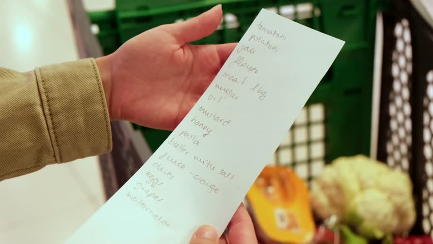 Close up of female hands holding a handwritten shopping list while standing with a shopping cart full of fresh vegetables and other groceries at the local supermarket or grocery store