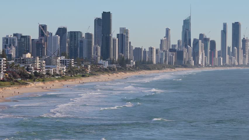 Aerial view of the Surfers Paradise skyline and shoreline from offshore near North Burleigh on the Gold Coast, Queensland, Australia