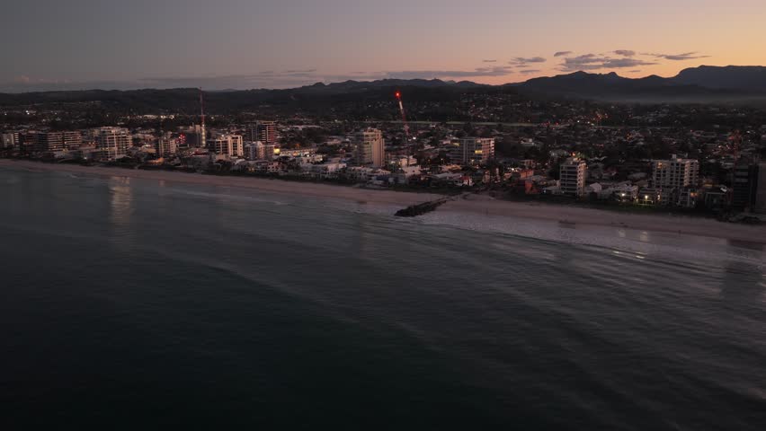 Twilight Scenery At Palm Beach In Gold Coast, Queensland, Australia - Drone Shot