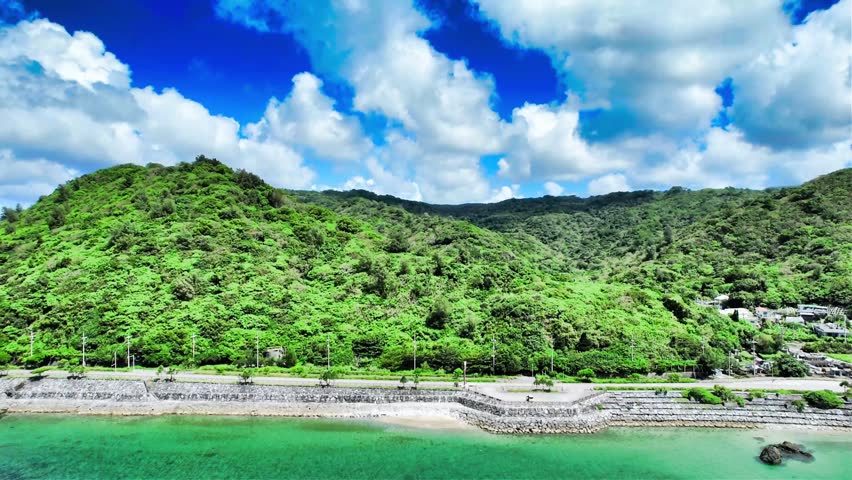 Scenic drone footage of Okinawa coastal waters near Iji, Japan
Beautiful aerial drone footage of the crystal clear tropical coastline near Iji, Okinawa, Japan. Emerald blue waters, coral reef formations, lush green shoreline, and peaceful island scenery captured on a sunny day. Ideal for travel, tourism, and nature-related projects.