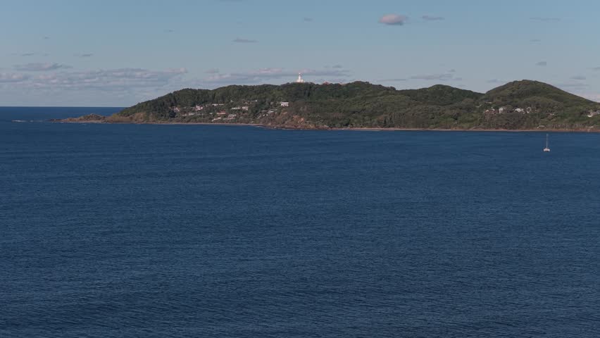 Cape Byron Lush Mountains In Byron Bay, New South Wales, Australia. Aerial Wide Shot