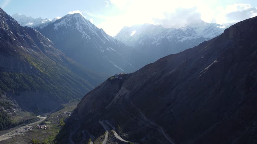 Scenic Himalayan Mountain Road Surrounded by Snow Covered Peaks