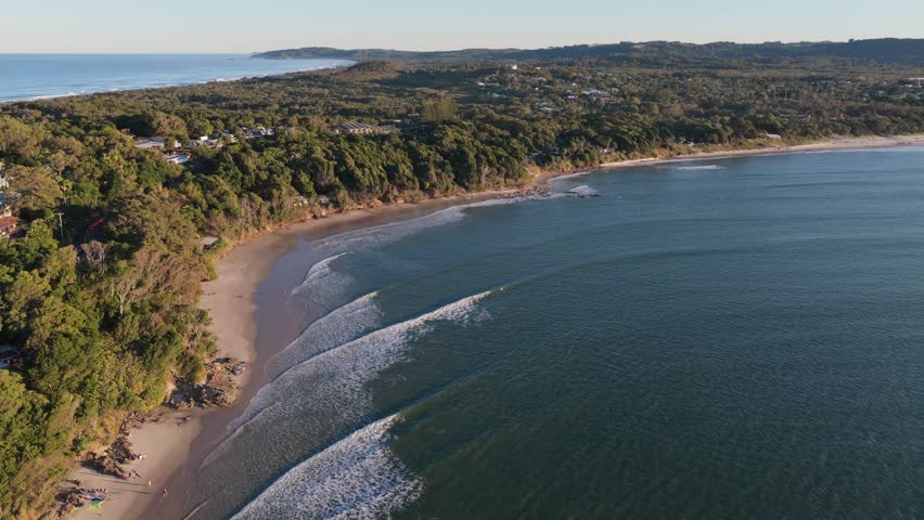 Sandy Coastline Of The Pass, Clarkes Beach, And Byron Beach In New South Wales, Australia. - aerial shot