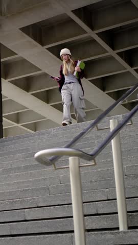 Vertical video: Emerging woman in beanie walking down wide stairs, showing phone and green notebook. Campus, outdoor, friendship, casual, collaboration, staircase, vertical video