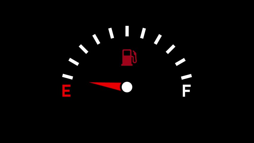 Fuel gas gauge meter decreasing and increasing with alpha channel. Full gas fuel gauge dial 2d animation black screen
